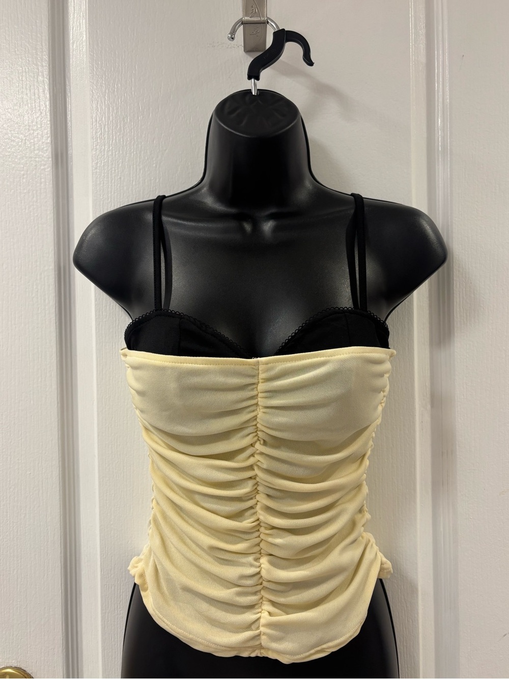 Y2K Corset-Style Ruched Sweetheart Neckline Mesh Cream Tank Top with Black Bra S
